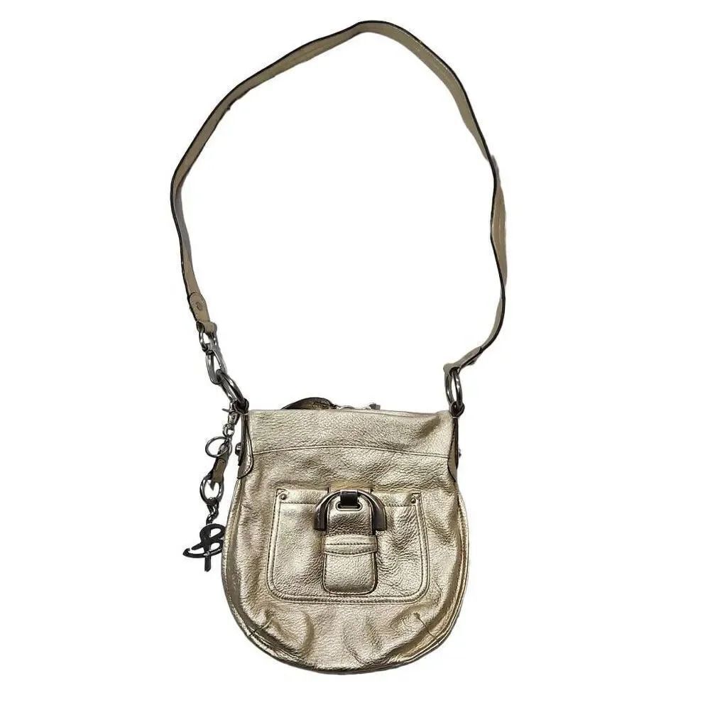 B Makowsky Metallic Gold Crossbody Bag with Heavy Silver Hardware